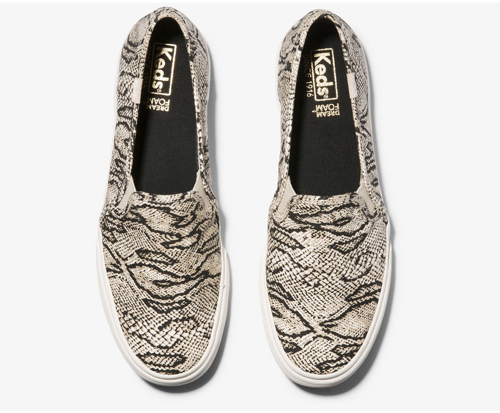 Slip Ons Keds Mujer Blancos/Negros - Double Decker Animal - 8795-WMEQV